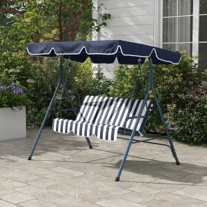 Leagăn de Grădină cu 3 Locuri cu Acoperiș Solar, Balansoar în Aer Liber cu Structură din Oțel și Poliester, 172x110x153 cm, Alb și Albastru - Img 8