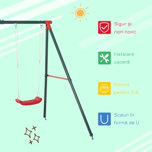 Leagăn Dublu pentru Copii 3+ Ani cu Structură din Metal, Leagăn de Grădină cu Coardă Reglabilă, Joc de Exterior, Max 45 kg, 239x156x180 cm, Verde și Roșu - Img 6