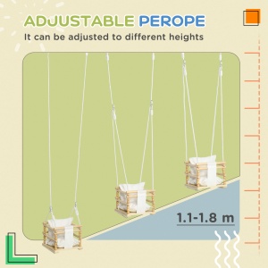 Leagan pentru copii 9-36 luni din lemn si bumbac, pentru spatii interioare si exterioare cu franghie reglabila si perna detasabila, 30x30x110-180 cm, culoarea lemnului si alb - Img 5
