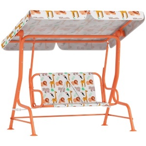 Leagăn pentru Copii cu 2 Locuri, Acoperiș Reglabil și Curele de Siguranță, Leagăn pentru Grădină și Interior din Oțel și Material Oxford, Max 60 kg, 112x75x120 cm, Portocaliu - Img 1