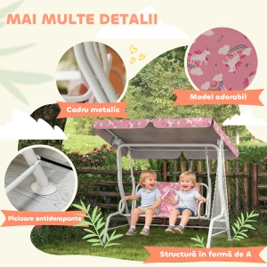 Leagăn pentru Copii de Exterior cu 2 Locuri, Acoperiș Reglabil și Centuri de Siguranță, Leagăn Grădină și Interior din Oțel și Material Oxford, Max 60 kg, 112x75x120 cm, Roz - Img 6