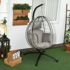 Leagăn pentru Exterior cu Pernă Capitonată, Scaun Suspendat pentru Terasă cu Suport Metalic, Cos Pliabil, 110x100x188 cm, Gri - Img 2