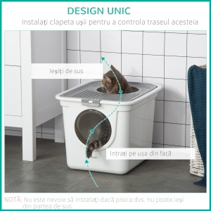 Litieră Închisă pentru Pisici cu 2 Intrări, cu Tavă și Lopățică, Litieră Acoperită din Plastic, 44x55x39 cm, Alb - Img 6