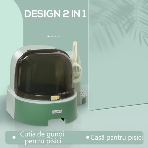 Litieră pentru Pisici cu Capac, Litieră Închisă cu Tavă Detașabilă și Lopățică Inclusă, 52x60x42 cm, Verde - Img 4