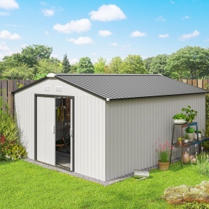 Magazie de Grădină 12,4 m² 340x386x200 cm cu Uși Glisante, Acoperiș Înclinat și 4 Guri de Aerisire, Albă - Img 2