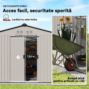 Magazie de Grădină 4,9 m² 277x195x192 cm cu 2 Uși Culisante, Acoperiș Înclinat și 4 Grile de Ventilație, Gri Argintiu - Img 6