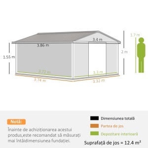 Magazie de Gradina cu Usi Duble Glisante si Acoperis Inclinat, Sopron de Gradina din Otel si PP, 3.4x4x2m, Gri - Img 3