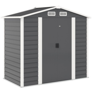 Magazie de Grădină din Tablă de Oțel cu 4 Orificii de Ventilație și 2 Uși Glisante, 213x120x194 cm, Gri Închis - Img 1