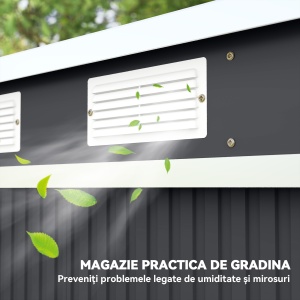 Magazie de Unelte pentru Grădină din Metal cu Kit Fundație, Uși Duble, Grile de Aerisire și Acoperiș Înclinat, Gri - Img 7