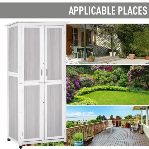 Magazie din Lemn de Brad pentru Unelte cu 3 Niveluri, cu Acoperis din Bitum si Carlige, 77x58x175 cm, Gri - Img 5