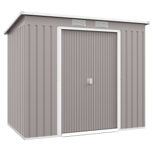 Magazie Grădină Metalică cu Acoperiș Înclinat și Ușă Dublă, pentru Stocare de Unelte în Grădină, 213x130x172 cm, Gri - Img 1