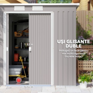 Magazie Grădină Metalică cu Acoperiș Înclinat și Ușă Dublă, pentru Stocare de Unelte în Grădină, 213x130x172 cm, Gri - Img 5