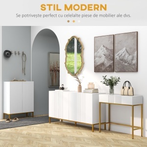 Masă Consolă cu 2 Sertare, Masă Modernă de Intrare cu Bază din Oțel în Ton Auriu, 80x31.5x75 cm, Alb - Img 5