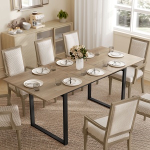 Masă de Dining Extensibilă pentru 6-8 Persoane cu Panouri Ascunse, Masă Extensibilă Dreptunghiulară cu Bază din Oțel, Stil Industrial, pentru Sufragerie, Culoare Lemn - Img 2