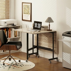 Masă de Dining Pliabilă, Masă de Bucătărie Rabatabilă cu Roți și Frâne pentru 4-6 Persoane, Birou Compact cu Structură din Oțel, pentru Living, 120x80x73 cm, Stejar - Img 8