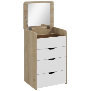 Masă de Machiaj 3 în 1 cu Oglindă, Compartiment, 2 Sertare și Scaun, din Lemn, 50x40x78 cm, Alb și Stejar