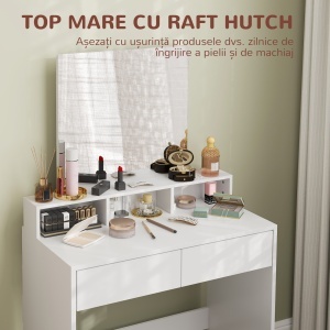 Masă de Toaletă cu Taburet, Masă de Machiaj cu Oglindă, 3 Rafturi, 2 Sertare, din Lemn, 75x38x135 cm, Alb - Img 5