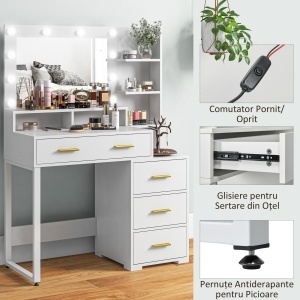 Masa Machiaj Alba – Cu Oglinda, 4 Sertare & 6 Rafturi Deschise - Img 6