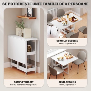 Masă Pliabilă cu 2 Blaturi Rabatabile pentru 4 Persoane cu 2 Rafturi Deschise, Gri - Img 4