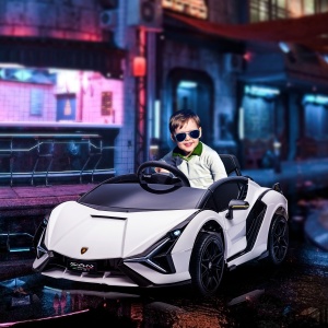 Mașină Electrică pentru Copii 3-5ani, Mașinuță Electrică Lamborghini cu Faruri, Muzică și Telecomandă, 108x62x40cm, Alb - Img 2