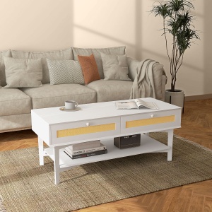 Măsuță de Cafea Dreptunghiulară cu 2 Sertare, Măsuță de Cafea Boho Joasă din Ratan și Lemn, 120x50x50 cm, Alb și Lemn - Img 2