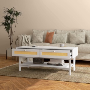 Măsuță de Cafea Dreptunghiulară cu 2 Sertare, Măsuță de Cafea Boho Joasă din Ratan și Lemn, 120x50x50 cm, Alb și Lemn - Img 8