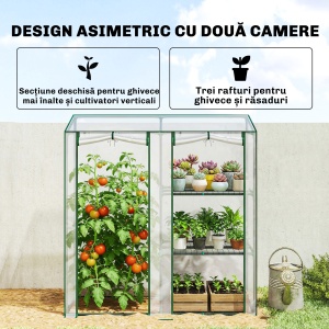 Mini Seră cu 3 Rafturi, 2 Uși Rulabile, Seră pentru Grădină cu Cadru din Oțel și Acoperire din Plastic pentru Plante, Legume, Flori, Fructe, Anti UV, 143x45x151 cm, Transparentă - Img 4