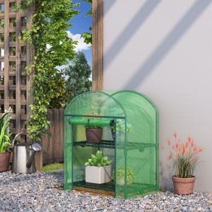 Mini Seră de Grădină cu 2 Rafturi Metalice și Acoperiș PE, Seră Compactă pentru Balcon și Terasă, 69x49x91 cm, Verde - Img 2