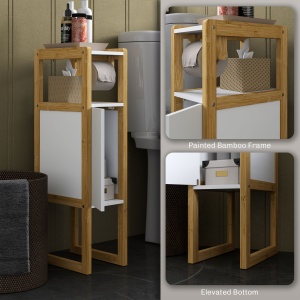 Mobilier de Baie cu Suport pentru Hârtie Igienică, Dulap și Raft, Dulap Compact din Bambus, 20x33x80 cm, Alb - Img 7