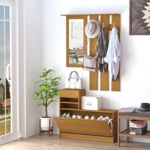 Mobilier Garderoba Dulap Pantofi Reglabil cu Oglinda si Cuier 6 carlige pentru Hol si Dormitor 90x22x116cm Lemn - Img 2
