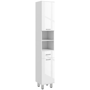 Mobilier pentru Baie cu 1 Sertar 3 Rafturi Ajustabile și 2 Dulapuri, 30x30x180 cm, Alb Lucios - Img 1