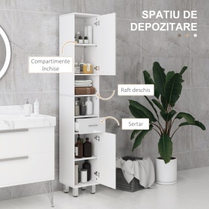 Mobilier pentru Baie cu 1 Sertar 3 Rafturi Ajustabile și 2 Dulapuri, 30x30x180 cm, Alb Lucios - Img 4