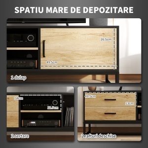 Mobilier pentru TV de 60" cu Dulăpior, 2 Sertare și Rafturi Deschise Reglabile, 140x35x45 cm, Lemn Natural - Img 5