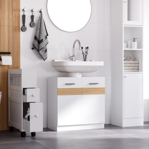 Mobilier Sub Chiuveta Baie, Mobilier Baie Sub Chiuveta cu Usi din MDF si Bambus, 60x30x60,5cm, Alb - Img 2