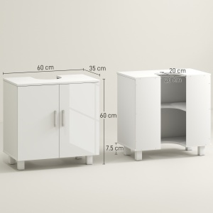 Mobilier Sub Chiuvetă pentru Baie cu 2 Uși, Raft Central, Mâner și Picioare Antiderapante, 60x35x60 cm, Alb Lucios - Img 3