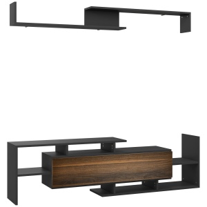 Mobilier TV cu Raft de Perete, Rafturi Deschise și Dulăpior din Lemn, 153,6x25x42 cm, Negru - Img 1