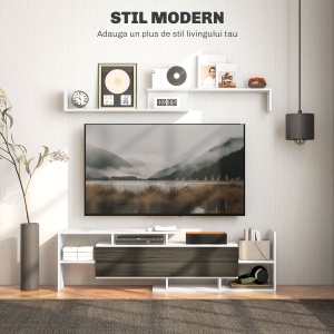 Mobilier TV cu Raft de Perete, Rafturi Deschise și Dulăpior din Lemn, Mobilier TV Modern, 153,6x25x42 cm, Alb - Img 4