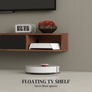 Mobilier TV Suspendat, Suport TV Până la 50" cu Sertar Rabatabil, 2 Rafturi Deschise și Orificiu pentru Cabluri, Mobilier pentru Televizor pentru Sufragerie, Dormitor și Sală de Stat, 120x24x16 cm, Nuc - Img 4