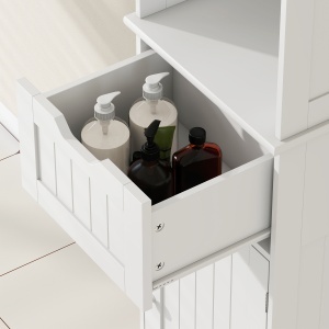 Mobilier Vertical de Baie din Lemn cu 2 Dulapuri cu Senzor, Raft Deschis și Sertar, 40x30x170 cm, Alb - Img 9