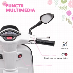Motocicletă Electrică pentru Copii, Motocicletă cu Muzică, Două Motoare, Far, MP3, USB, Radio FM și 2 Roți de Antrenament, 107x47x73 cm, Alb - Img 5