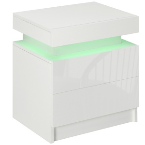 Noptiera alba cu lumina LED RGB, noptiera frontala lucioasa cu 2 sertare, pentru camera de zi, dormitor - Img 1