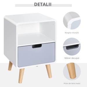 Noptieră stil Nordic 40×38×58 cm, Dulap cu Sertar și Raft din MDF și Lemn de Brad - Img 5