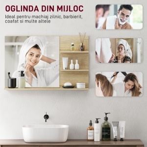 Oglindă de Baie cu 2 Rafturi Laterale și Raft Inferior, Culoare Lemn - Img 5