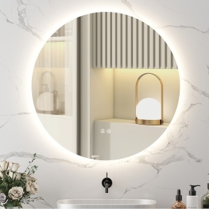 Oglinda de Baie Rotunda cu Lumina LED in 3 Culori si intrerupatoare Touch, Ø70x3.5 cm, Transparent - Img 2