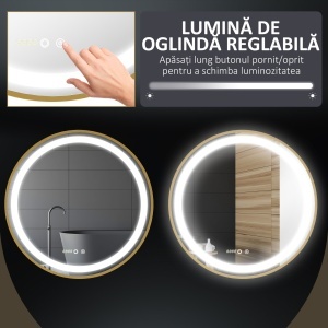 Oglindă de Baie Rotundă cu Lumină LED, Luminozitate Reglabilă și Întrerupătoare Touch, Ø60x4 cm, Auriu - Img 5
