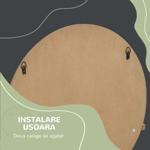 Oglindă de Baie Rotundă din PAL și Sticlă cu Raft pentru Depozitare și 2 Cârlige pentru Fixare, Ø45x10 cm, Lemn Natural - Img 6