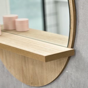 Oglindă de Baie Rotundă din PAL și Sticlă cu Raft pentru Depozitare și 2 Cârlige pentru Fixare, Ø45x10 cm, Lemn Natural - Img 9