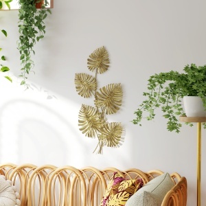 Operă de Artă Murală cu 5 Frunze de Monstera din Metal Auriu cu Accesorii de Montaj Incluse, 83x2.5x39 cm - Img 2