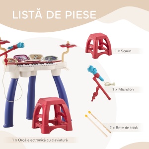 Orga Pian pentru Copii cu Set de Tobe Instrument Muzical Electronic cu Sunete Multiple Lumini Microfon Taburet pentru Fete si Baieti - Img 6