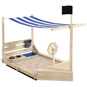 Outusunny Nisipar din Lemn pentru Copii cu Capac, Ladă de Nisip pentru Exterior cu Set de Joacă Inclus, 180x103x144,5 cm, Lemn Natural - Img 1